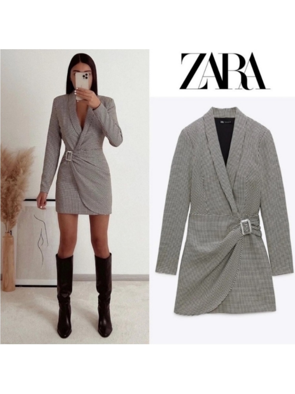 Zara Houndstooth wrap blazer dress with rhinestone buckle